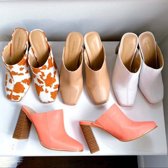 🍂 COW PRINT FAUX SUEDE STITCHED CHUNKY HEEL MULES - Picture 14 of 16